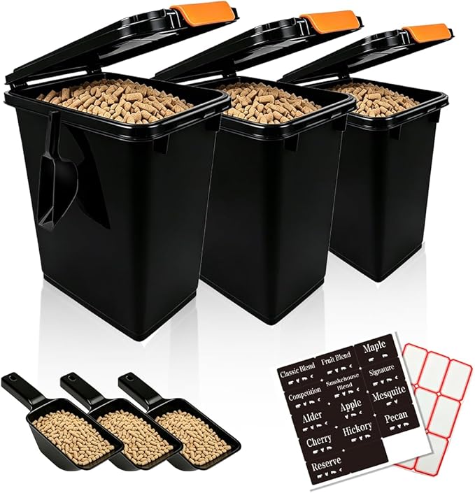 3 pcs 20L Pellet Storage Bin Set,Black Wood Pellet Storage Containers,Pellet Bucket is Suitable for Storing Barbecue Supplies, Fertilizer, and Charcoal