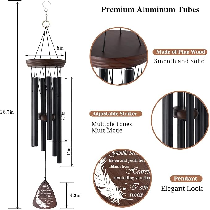 ASTARIN Memorial Wind Chimes for Outside, Sympathy Gift for Loss of Loved One, Black Aluminum Wind Chime with Pine Wood and Double-Sided Printed Wind Catcher