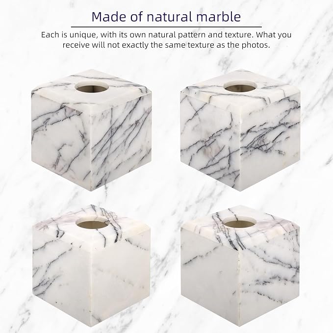 Natural Marble Square Tissue Box Cover,Stone Modern Decorative Sturdy Napkin Box Holder Case,Facial Paper Organizer for Bathroom Vanity Toilet Countertop,Kitchen (1, Lilac, 5.71 * 5.71 * 5.51)