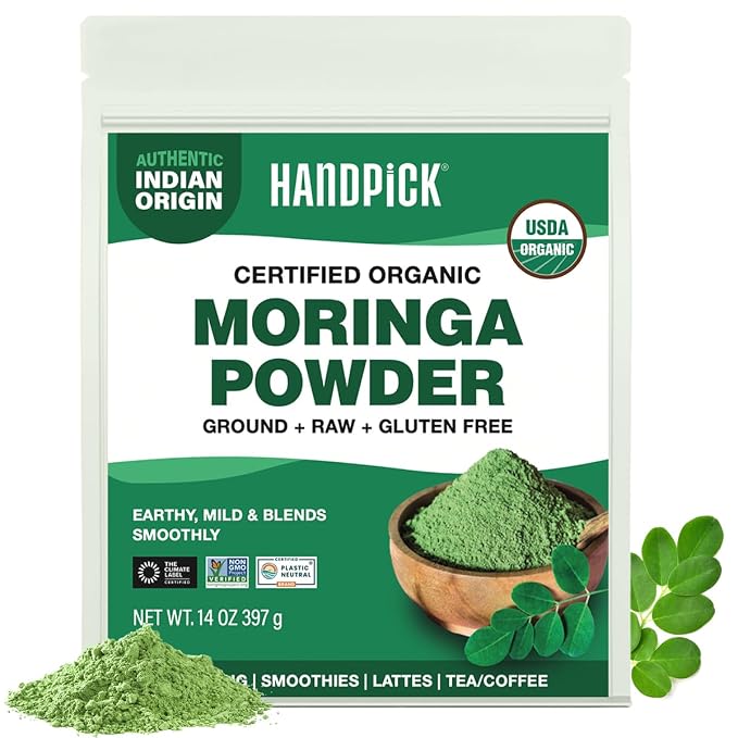 HANDPICK USDA Organic Moringa Powder (397g/14oz) Pure Moringa Oleifera Leaf Powder | Authentic Indian Origin | Gluten Free, Non-GMO | Perfect for Smoothies, Drinks, Tea & Recipes (Packaging may vary)