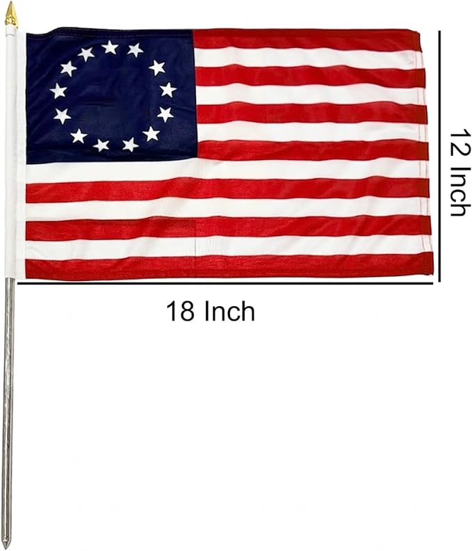 TOPFLAGS Small Betsy Ross Flags 12x18 on Stick 6 Pack Mini 13 Star Bennington US Flags Metal Handheld Pole for Outside 4th of July USA 250th Anniversary Memorial Day Patriotic Decorations