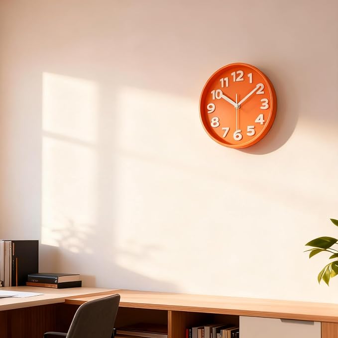 JENLYSTIME 8 Inch Vibrant Orange Modern Wall Clock – Silent Non-Ticking, Bold 3D Numbers, Precise Quartz Movement | Decorative Desk & Wall Clock with Stand for Home, Kitchen, Bedroom, or Office