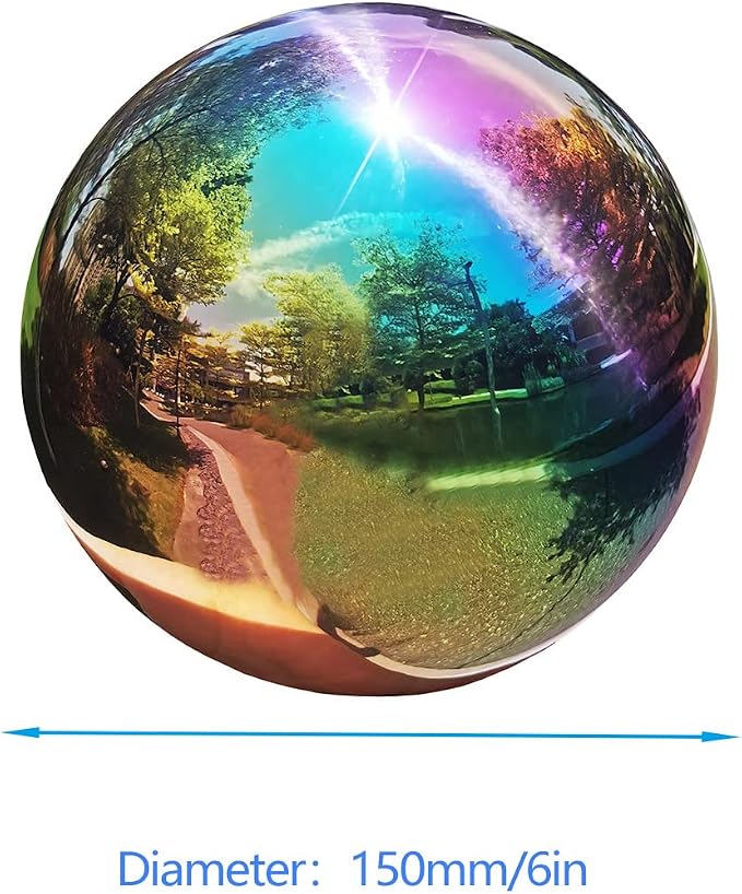 Rainbow Gazing Globe Mirror Ball, Metal Shiny Hollow Sphere Sparkling Housewarming Outdoor Ornament (6 Inch)