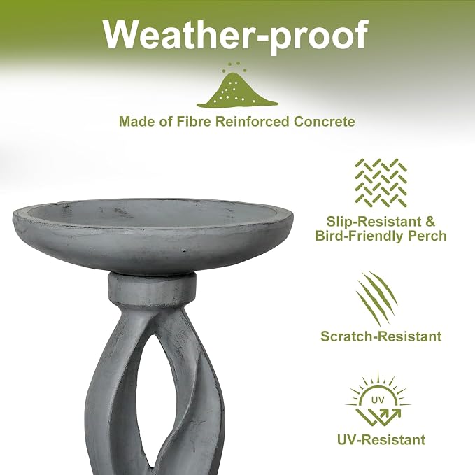 SKYFIRE 21.85 Inch Tall Pedestal Bird Bath, Fibre Reinforced Concrete Birdbath with Twisted Base, Weather Resistant & Durable Bird Bath for Garden Patio Lawn Backyard, Gray