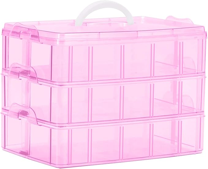 Sooyee Bead Organizer, 3-Tier Craft Organizers and Storage, Stackable Storage Containers with 30 Compartments Dividers for Washi Tape, Toy, Nail, Art Supplies, Fishing Tackle, Pink