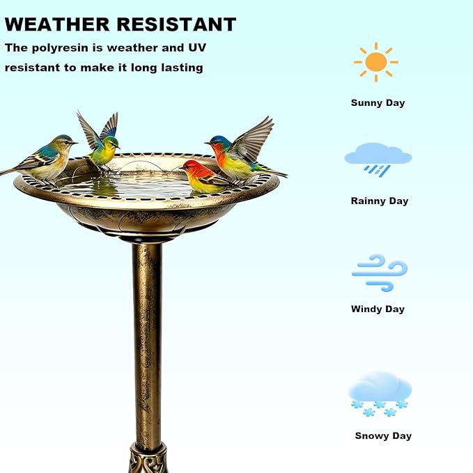 Outdoor Antique Bird Bath Polyresin Lightweight Garden Birdbath for Outside Weather-Resistant Bird Baths (Copper)
