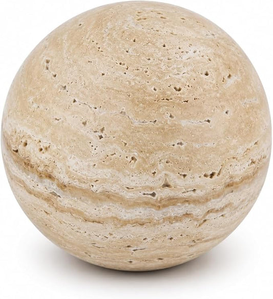 Natural Travertine Decorative Sphere, 4.72 Inch Stone Ball Decor, Hand-Polished Beige Orb Accent for Coffee Table, Console, Shelf and Living Room