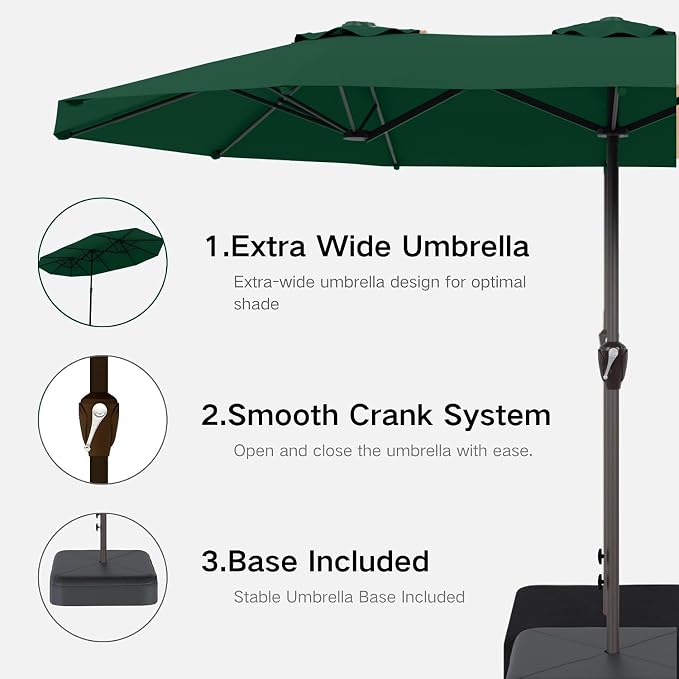 Kingdura 15ft Large Patio Umbrella with Base Included, Double-Sided Rectangle Outdoor Table Umbrella with 12 Reinforced Ribs, Crank Lift for Market Pool Deck Backyard, Dark green