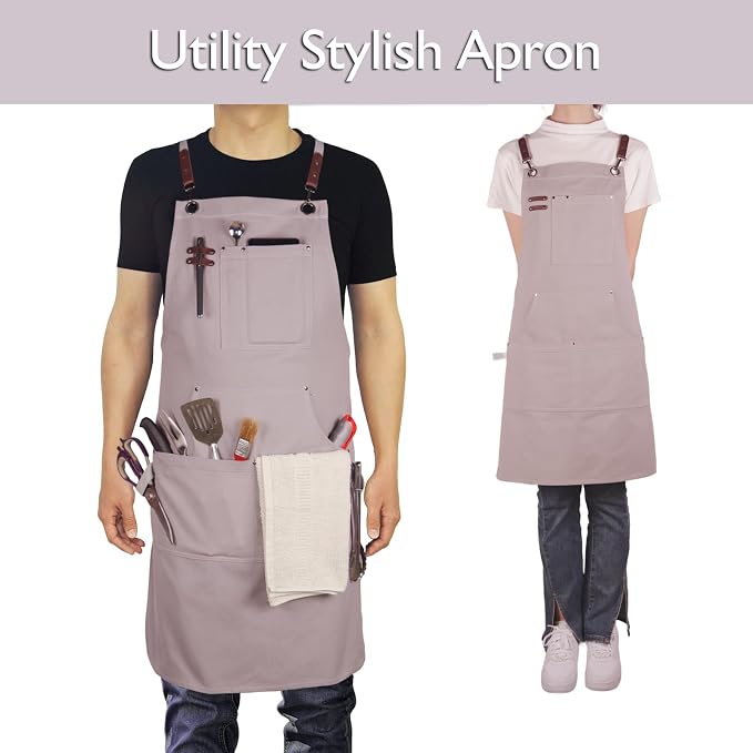 10 Pack Kitchen Apron, Work Apron, Canvas Apron, Grey | Multiple Pockets, Gardening, Painting, BBQ, Artist, Carpenter, Sizes M to XXL
