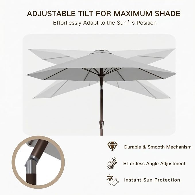 Kingdura 9FT Outdoor Patio Umbrella, Round Market Table Umbrella with Push‑Button Tilt and Crank Lift, 8 Sturdy Metal Ribs, UV50+ Protection Canopy for Backyard, Lawn, Deck, Poolside, Garden (Light grey)