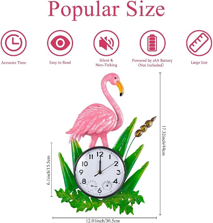Outdoor Clock Silent Non-Ticking, Outdoor Wall Clocks with Thermometer & Humidity, Quartz Clocks Waterproof Decor for Patio Garden Living Room（Pink Flamingo）