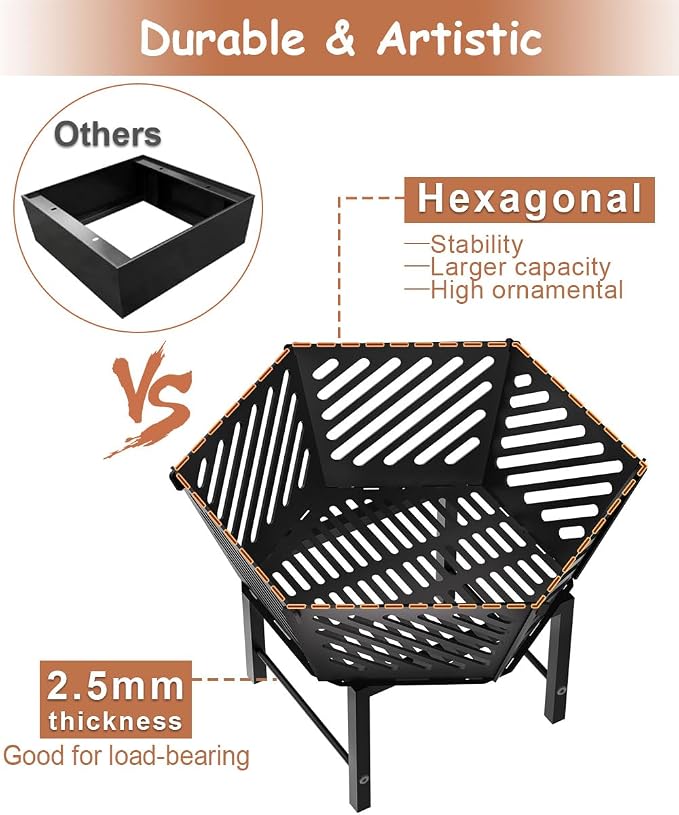 22.5 Inch Portable Hexagon Fire Pit with Travel Bag — Heightened Smokeless Design Outdoor Wood Burning Fire Pit for Camping, Backyard, Patio, Bonfire, Picnic and BBQ, Diagonal Hollow Style