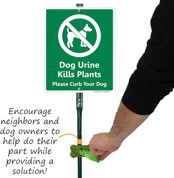 SmartSign Dog Urine Kills Plant Please Curb Your Dog Yard Sign & Clip-On Preloaded Dispenser Combo/Kit with 135 Dog Poop Waste Bags, 7"x10" Rust-proof Aluminum Sign with 18-inch Steel Stake
