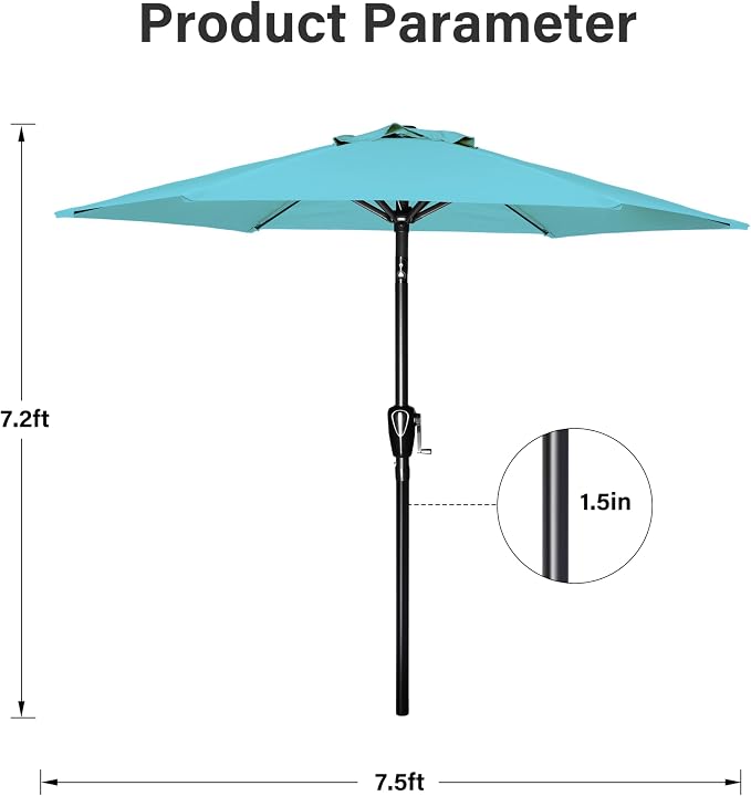 Simple Deluxe 7.5' Patio Umbrella Outdoor Table Market Yard Umbrella with 6 Sturdy Ribs for Backyard, Pool, Garden, Deck, Turquoise