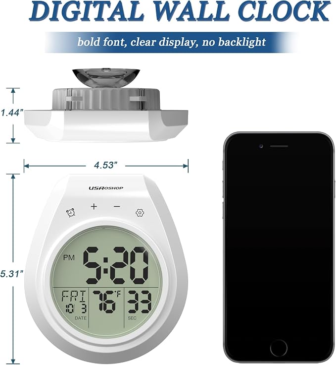 Shower Clock Waterproof Bathroom Timer, Digital Wall Clock Kitchen Clock with Countdown, Touch Screen, Temperature, Calendar, Suction Cup Hanging Hole, for Spa Cook Bath