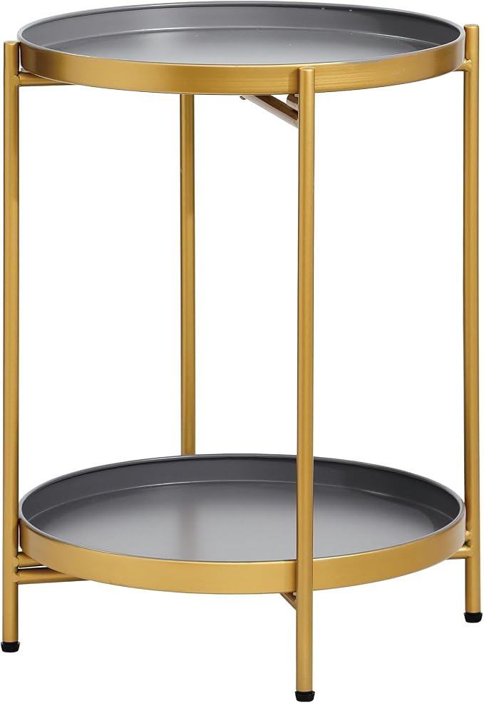2-Tier Round End Side Table, Small Metal Side Table with Removable Tray, Folding Accent Tables for Living Room, Balcony, Nightstand for Bedroom, Outdoor Tables for Patio, Gold&Grey