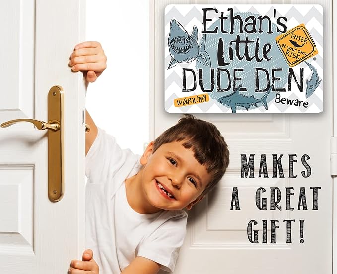Personalized - Little Dude Den - Customized Boy's Room Decor, Shark Warning Signs for Kids Bedroom and Playroom, Great Baby Shower and Birthday Gifts, 12x18 Indoor or Outdoor Durable Metal Sign