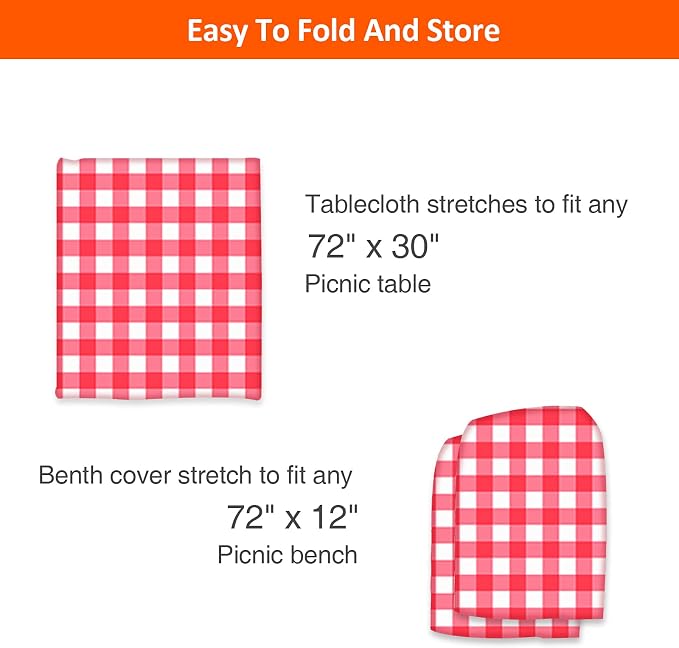6ft Picnic Table and Bench Cover, Camping Essentials RV Gear, 72in Waterproof Windproof Outdoor Elastic All Around Tablecloth, Fitted Rectangle Tables and Seats, Red-White Checkered