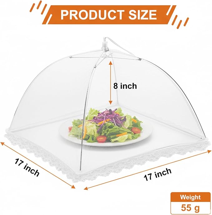 6 Pack Mesh Food Covers 17 Inch, White Pop-Up Food Tents, Collapsible Umbrella Screen Covers for Parties, BBQs, Picnics, Outdoor Camping Dining, Reusable Fly Cover