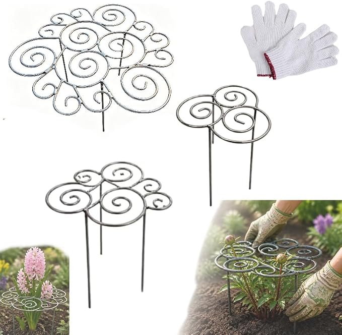 Metal Plant Support Ring for Garden, Heavy Duty Green Flower Hoop with Gardening Gloves, Peony Cage Stand for Outdoor Beds Indoor Pots, Grow Through Trellis 3 Sizes (3PCS, S+M+L)