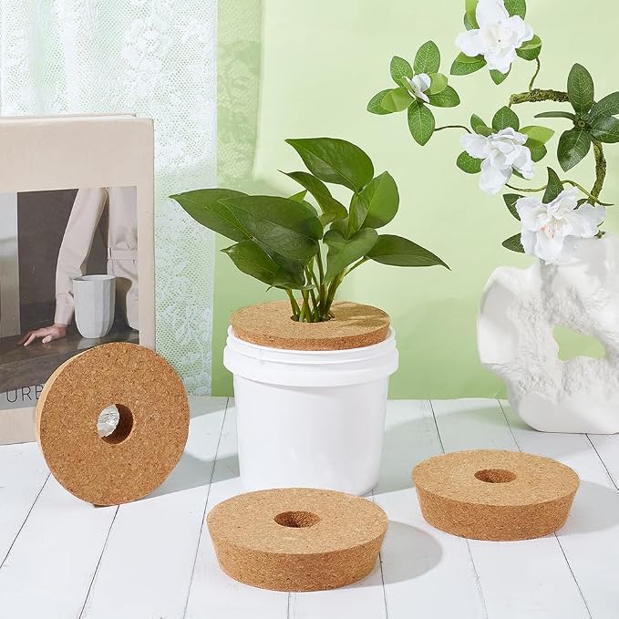 OLYCRAFT 4 Pack Cork Lids for Glass Planters 4.2~4.7 Inch Hydroponic Lids 1.2 Inch Thick Terrarium Cork Covers with 1.2 Inch Hole Natural Cork Stoppers for Hydroponic Plant Propagation Growing Vases