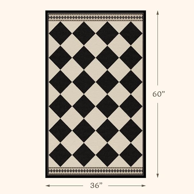 Black and White Diamond Outdoor Easy Jute Front Porch Rug 3x5, Washable Non-Slip Checkered Entryway Rug, Modern Farmhouse Boho Low Pile Indoor Beige White Carpet for Living, Kitchen, Mudroom, Laundry