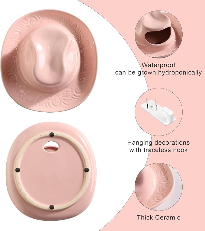 Hanging Wall Planters for Indoor Plants, Wall Vases for Flowers, Ceramic Cowboy Hat Vases for Decor, for Bathroom, Living Room, Office, and Home Decor.Light Pink Medium