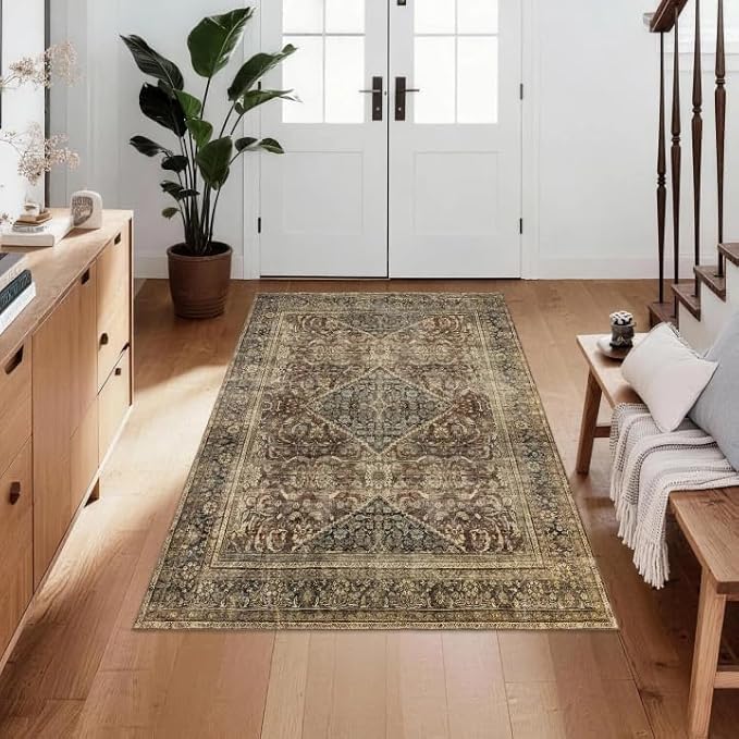 Brown 3x5 Rug Non-Slip: Washable Area Rug for Bedroom Entryway Kitchen Bathroom Indoor - Vintage Home Decor Mat Carpet - Oriental Dark Brown