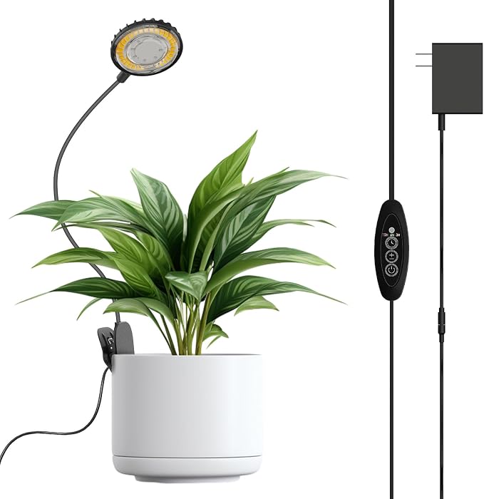 12W Clip-On Grow Light for Indoor Plants, Pot Clip Plant Light with Flexible Gooseneck, 4000K Full Spectrum Small Grow Light, 3/6/12H Auto Timer, 4 Dimmable Levels, Black 1 Pack