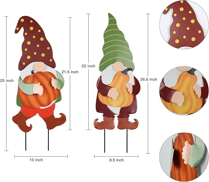 Fall Decorations for Home Outdoor, 2 Pack 25" Decorative Garden Stakes with Gnomes Pumpkin for Fall Decor, Metal Yard Signs for Outside Garden Lawn Porch Patio Thanksgiving Decorations