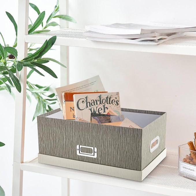 Briful Set of 2 Decorative Storage Boxes with Lids – Gray & White Nesting Organizer Bins, 14'' + 13'' Set Rectangular Fabric Covered Cardboard Boxes for Office, Closet, or Home Decor