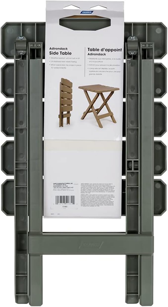 Camco Adirondack Portable Outdoor Camping Small Weatherproof Rustproof Durable Plastic Folding Side Table for Indoor and Outdoor Use, Sage