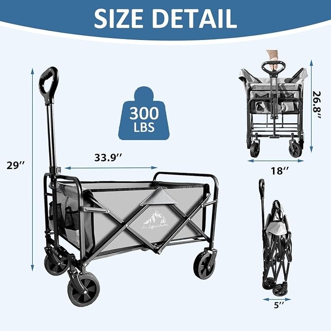 Collapsible Utility Cart Folding Wagon, 320lbs Capacity Lightweight Rolling Cart with Quiet Wheels, Quick-Fold Design for Camping, Shopping, Ourdoor Use, Gray