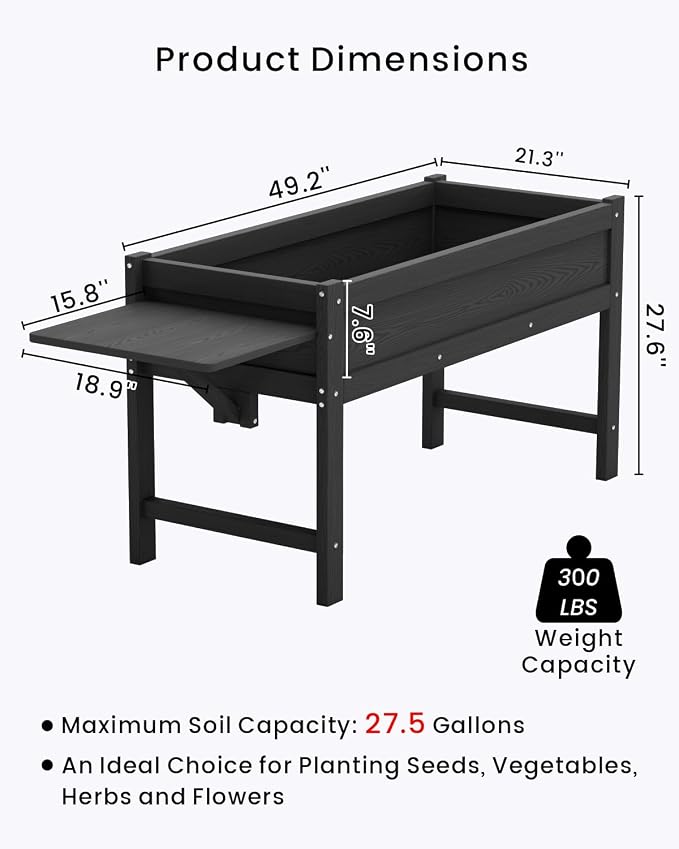 HDPE Raised Garden Bed with Legs, 49x21x27in All-Weather Heavy Duty Planter Box, Outdoor Elevated Garden Bed for Seeds, Herb, Flower, Vegetable (Black)