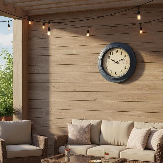 18 Inch Large Outdoor Clock with Thermometer & Hygrometer, Waterproof Coastal Indoor Outside Wall Clock for Patio, Pool, Garden, Backyard, Farmhouse Decor, Retro Blue