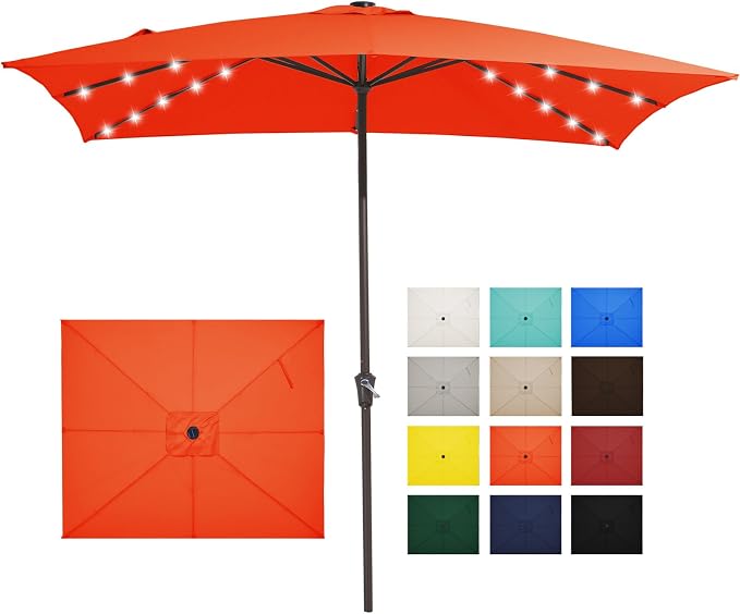JEAREY 8x10 ft Rectangular LED Lighted Patio Umbrellas Outdoor Solar Table Market Umbrella w/Crank, 8 Sturdy Ribs, UV Protection Waterproof Sunproof(Orange)