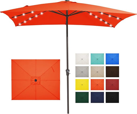 JEAREY 8x10 ft Rectangular LED Lighted Patio Umbrellas Outdoor Solar Table Market Umbrella w/Crank, 8 Sturdy Ribs, UV Protection Waterproof Sunproof(Orange)
