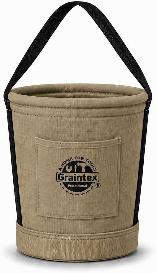 Graintex Tapered Canvas Bucket 12"x10"x15", Utility Tool Bucket One Inside Pocket, Reinforced Base & Carry Handle, Ripstop Canvas, Multi-Purpose Bag for Jobsite & Home Use for Tool Storage Solutions