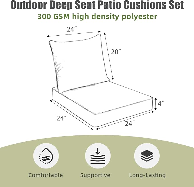 Favoyard Outdoor Deep Seat Patio Cushions Set, 24 x 24 Inch Rainproof & 3-Year Fade Resistant Patio Furniture Cushion, Removable Bottom & Back Cushion with Ties for Yard, Garden, Green Floral