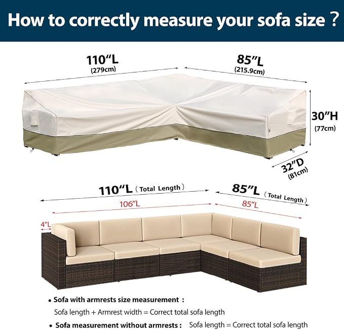 Outdoor Sectional Cover-L-Shaped Patio Furniture Covers Waterproof Rip-Stop Anti-UV 600D Outdoor Sofa Couch Cover with 3 Air Vents 110''L (85''L) 32''D 31''H