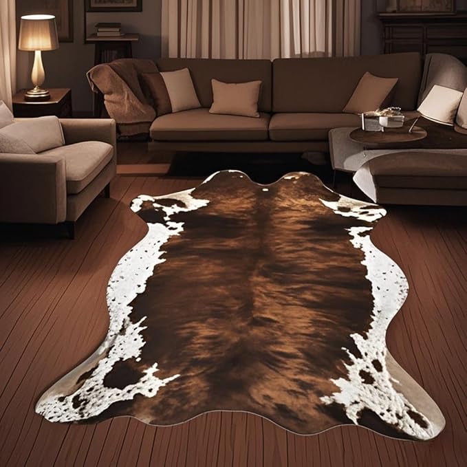Sgizoku Cow Print Rug - 3.6x2.5 Feet Cow Hide Rugs Faux Cowhide Rug Cute Area Rug Fun Western Room Decor Cow Rugs for Living Room Bedroom Non-Slip Yellow-Brown(43 inches x 29 inches)