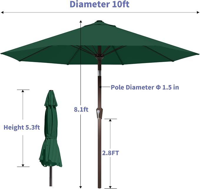 Kingdura 10FT Outdoor Patio Umbrella, Round Market Table Umbrella with Push‑Button Tilt and Crank Lift, 8 Sturdy Metal Ribs, UV50+ Protection Canopy for Backyard, Lawn, Deck, Poolside, Garden (Dark green)