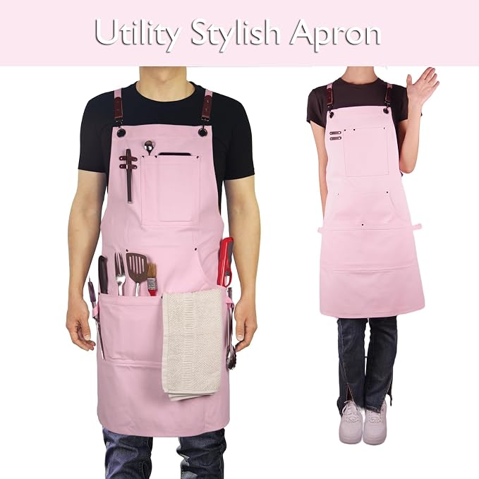 10 Pack Kitchen Apron, Work Apron, Canvas Apron, Pink | Multiple Pockets, Gardening, Painting, BBQ, Artist, Carpenter, Sizes M to XXL