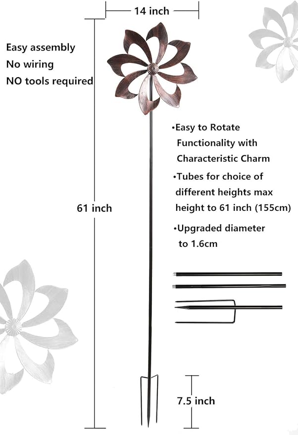 Wind Spinner Garden Decor, 61in(H) Copper Metal Easy Rotate Outdoor Stake | Tool-Free Assembly Adjustable Height Smooth Spin All-Weather Frame Premium Color Gift Box For Holiday Presents Yard Lawn
