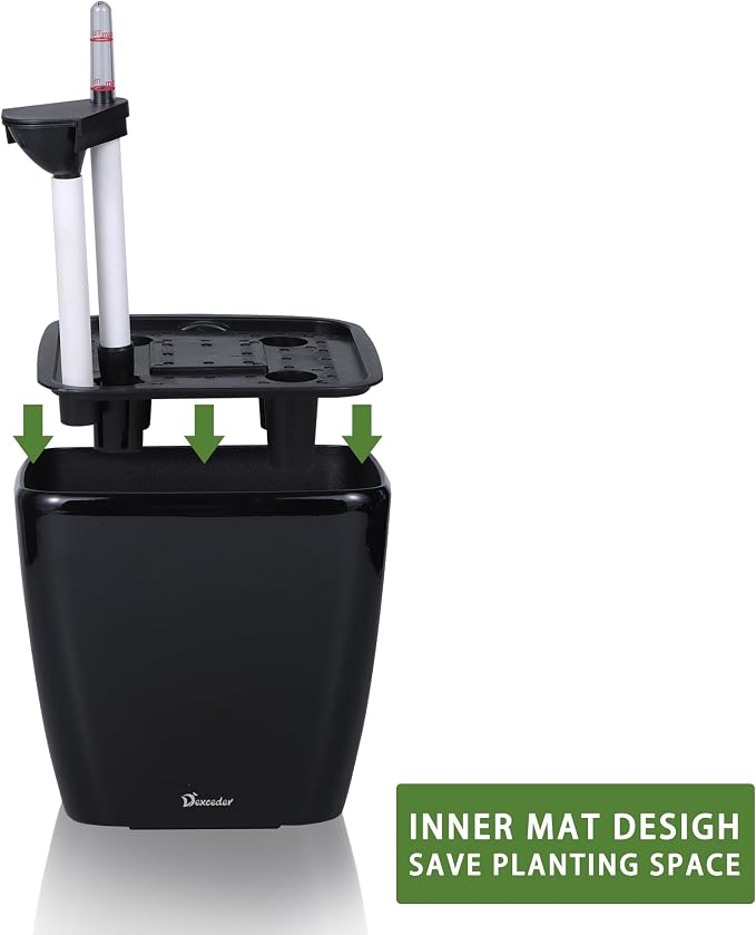 Dexceder 9x8 Self Watering Planter (Black High Gloss) | Inner Mat Design, Thickened Table Flower Plant Pot with Water Level Indicator Indoor Outdoor
