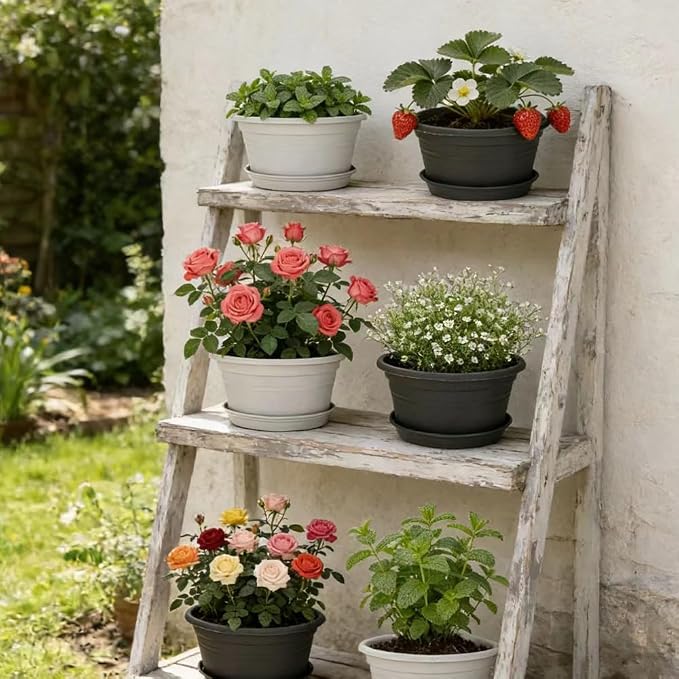 MRPAPA 4Pack Round Plastic Pots for Plants, Outdoor Planters with Drainage Hole & Tray Saucer, Decoration Large Flower Pots for Indoor Outdoor Garden Home Plants (4, Dark Gray, 13 Inch)