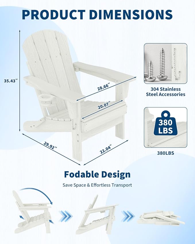 GarveeLife Folding Adirondack Chair Set of 4, All-Weather HDPE Outdoor Chair, Wooden Textured with Cup Holder for patios, Decks, Gardens, fire pits, White