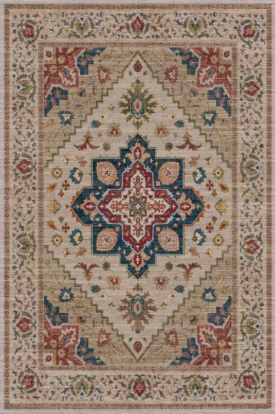 Tangsoo 2.6x10 Hallway Runner Rugs, Washable Non Slip Vintage Rug Runners | Oriental Soft Low Pile Long Rug, Boho Farmhouse Print Indoor Carpet Runners for Hallway Living Room Kitchen Bedroom Beige/Red