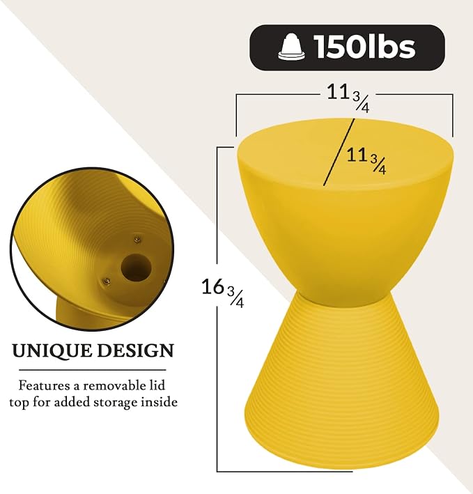 LeisureMod Modern Hourglass Yellow Side Table - ABS Shell Drum End Table with Storage for Indoor & Outdoor Use
