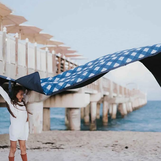 Little Unicorn 5'x10' XL Outdoor Family Picnic & Beach Blanket | Durable & Water-Resistant Fabric | Compact Fold & Easily Wipes Clean | Zipper Pocket (Navy Plaid)